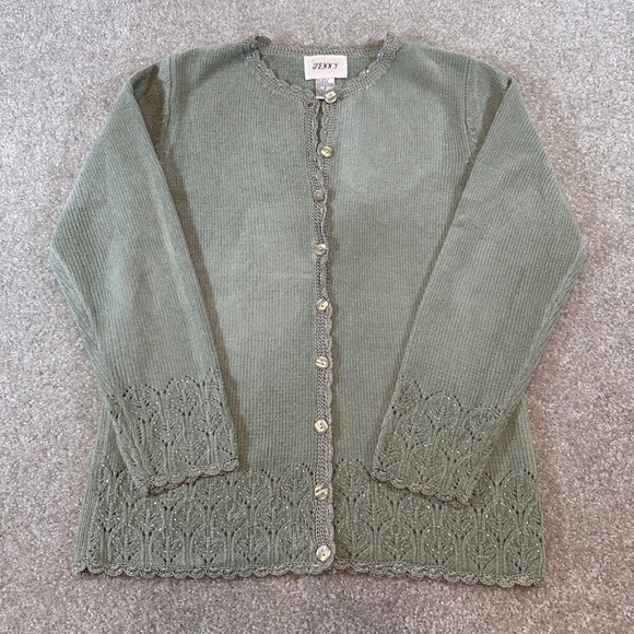 Jenny Vintage Sage Green Beaded Pointelle Cardigan Sweater Scalloped Trim Small - Picture 2 of 10